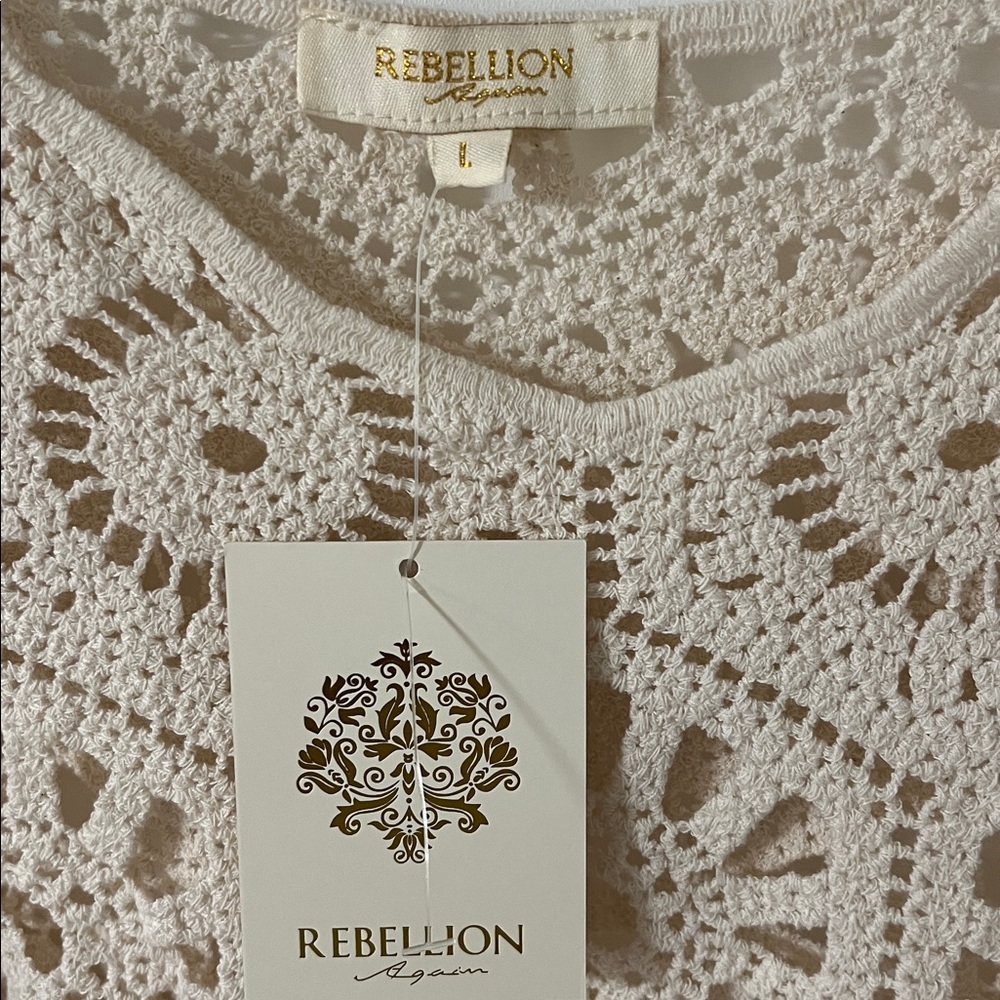 Rebellion scalloped boho crochet crop top  100% cotton Size Large  Cream - Picture 3 of 4